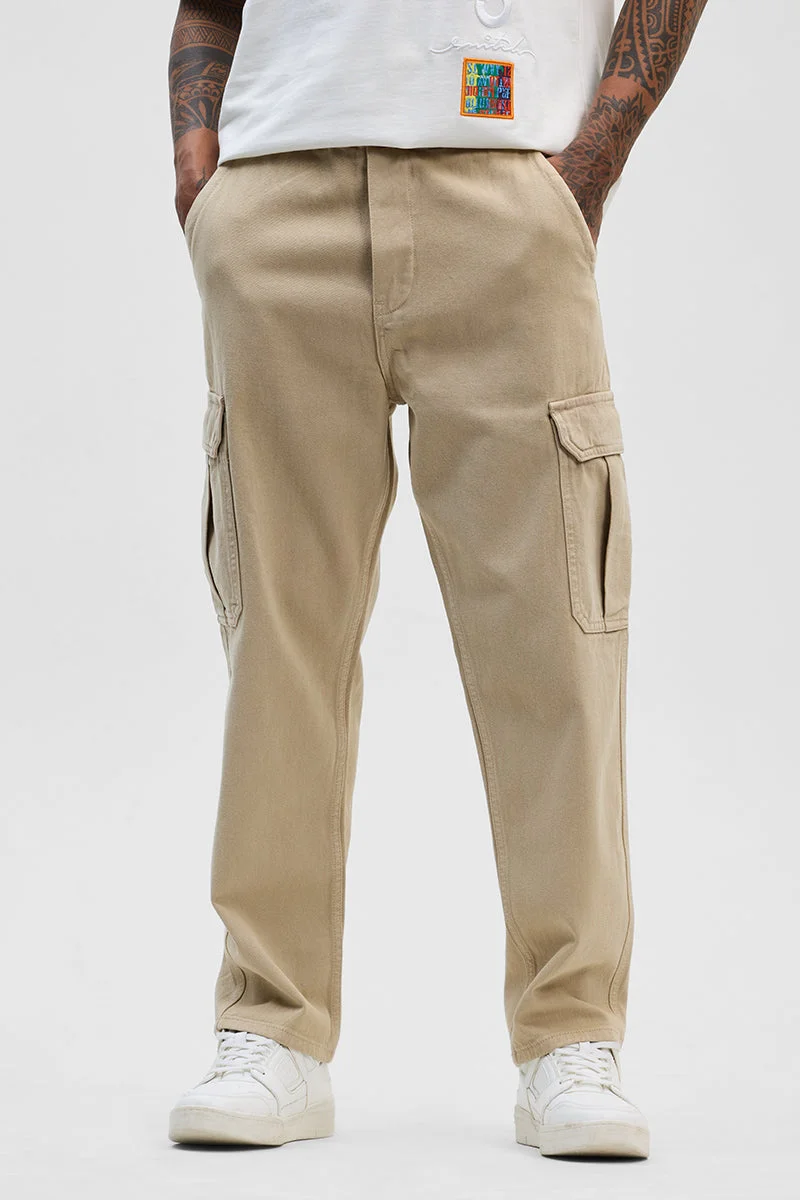 Snitch  Beige Comfort Fit Pull On Cargo Jeans for Men | Best Price UAE